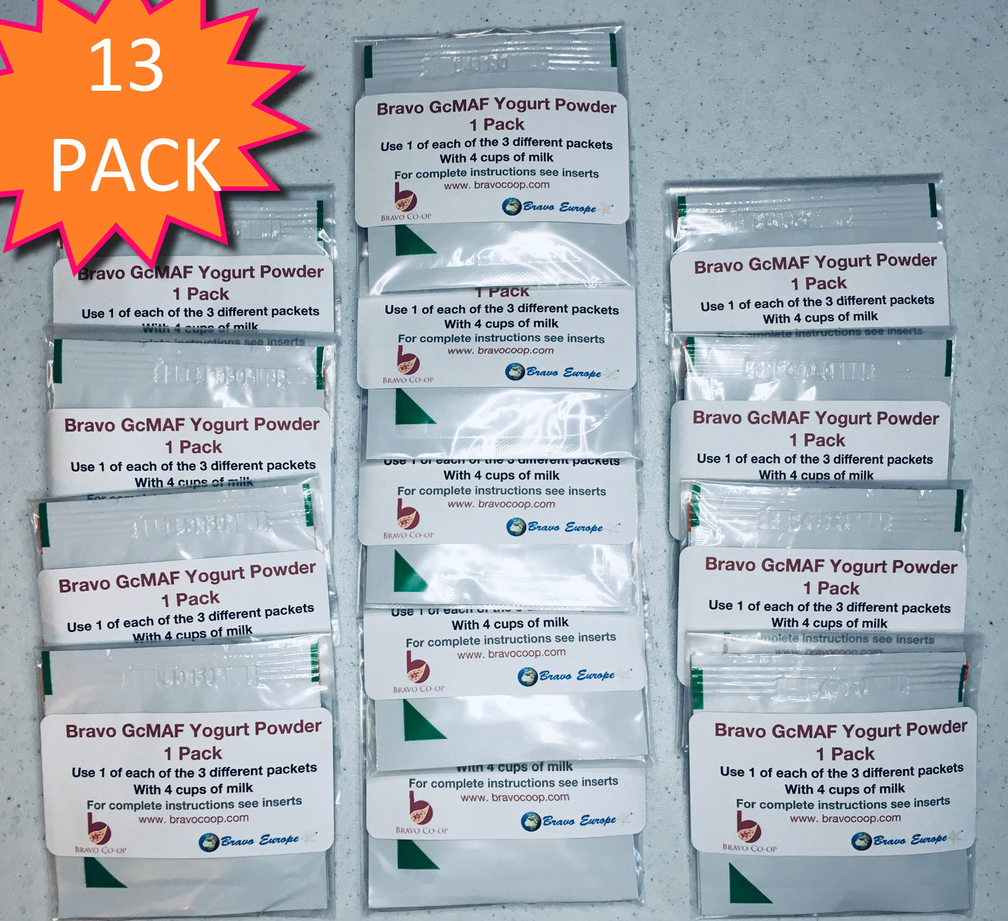 Stock Order Bravo GcMAF Yogurt Starter Powder Thirteen (13) 1 Liter Packs (Best before Mar 2026) Order by 4/27/25 Ships 4/30/25